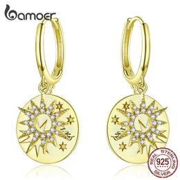 bamoer Golden Stars Round Dangle Earrings with Charm Genuine 925 Sterling Silver Wedding Statement Luxury Jewellery BSE260 210317