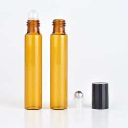 10ML Glass Portable Amber Essential Oil Bottle Roll on Perfume Bottles Mini Metal Ball Roller Brown Essentials Oils Container Support Logo Customised