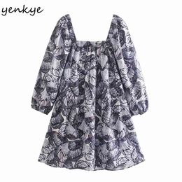 Spring Women Vintage Floral Print Dress Female Square Neck Puff Sleeve Vestido Mujer Casual Loose Short Plus Size 210514