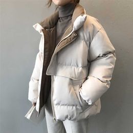 Winter Style Solid Cotton-Padded Jacket Women Oversize Bread Stand-Up Collar Thick Warm Causal Chic Coat Parka 211216