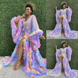 Colourful Rainbow Tulle Sleepwear Maternity Dresses Sleeveless Puffy Long Sexy See Through Custom Made Robes For Photography