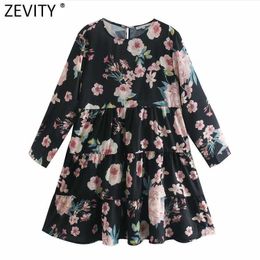 Zevity Women Vintage O Neck Floral Print Pleat Ruffles Mini Dress Female Three Quarter Sleeve Chic Party Vestido DS5040 210603