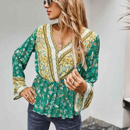 womens blouses and tops sexy vintage streetwear Shirt Blouse Autumn V-neck Waist Vintage Holiday Printed Top for Women 210514