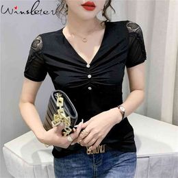 Summer Korean Style Mesh T-Shirt Fashion Sexy V-Neck Lace Elegant Women Tops Short Sleeve Bottoming Shirt Slim Tees T14702A 210421