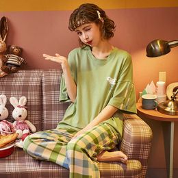 ATUENDO Summer Fashion Green Silk Pajamas Sets for Women 100% Cotton PJS Satin Soft Sleepwear Atoff Home Kawaii Lounge Nightwear 210622