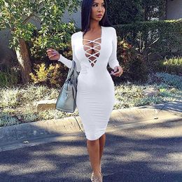 Sexy Women Skinny DrCross Straps V Neck Line Bodycon Long Sleeve Dresses Winter Autumn Office Lady Wiggle Slim Black Dress X0529