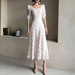 Women Lace Embroidery Dress Square Collar Three Quarter Puff Sleeve Loose Fit Fashion Spring Summer 16F0667 210510