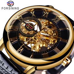 Forsining 3D Design Hollow Gravura Preto Ouro Caso De Couro Esqueleto Relógios Mecânicos Homens Luxo Marca Heren Horloge