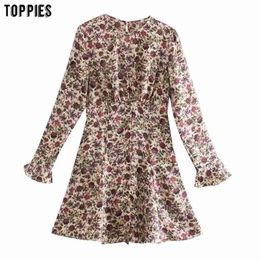 Women Floral Printing Mini Dress Flare Sleeve Slim Elegant Ladies Vestidos 210421