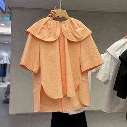 Korean Fashion Peter Pan Collar Blouses Women Shirts Chic Irregular Blusas Mujer Short Sleeve Summer Tops Woman 210514