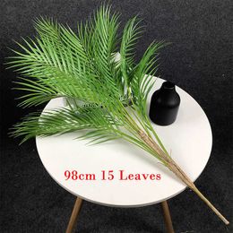 80-98cm 15 Heads Tropical Palm Tree Large Artificial Plants Fake Palm Leafs Plastic Tall Monstera Branches For Home Garden Decor 210624
