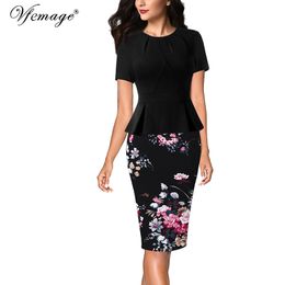 Vfemage Womens Elegant Autumn 3/4 Sleeve Pleated Neck Floral Peplum Work Office Business Party Vestidos Bodycon Sheath Dress 210319