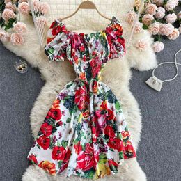 Women Fashion Sexy Slash Neck Sweet Wood Ear Short Sleeve Slim Mini A-line Dress Floral Print Clothes Vestidos S347 210527