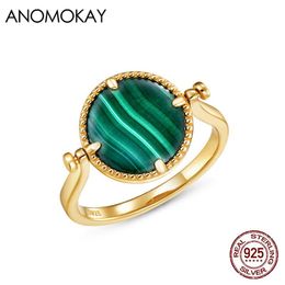 Cluster Rings Anomokay Round Green Malachite Gold Colour Two Sides Different Free Size 925 Silver For Women Jewellery Gift