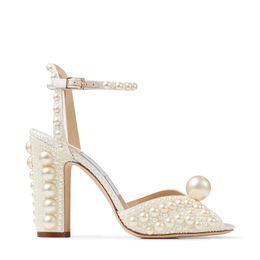 2023 Women Wedding dress bride shoes White Satin Platform Sandals with All-Over Pearl Embellishment sandal high heel platforms ch