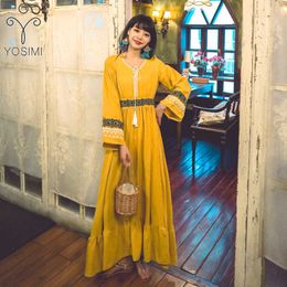 YOSIMI Sequins Embroidery Long Women Dress Summer Vintage White Cotton Blend O-neck Ankle-Length Sleeve Yellow 210604