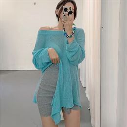 Fashion women's blouse irregular off-shoulder collar lazy hollow loose slit thin T-shirt knit sweater 210520