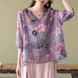 Summer Arts Style Women 3/4 Sleeve Loose Shirts Vintage Print V-neck Cotton Blouses Plus Size Tops Femme Bluse M125 210512