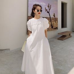 Summer White Fashion Elegant Temperament Gentle Wind Solid Colour Round Neck Puff Sleeve Dress 16F1284 210510