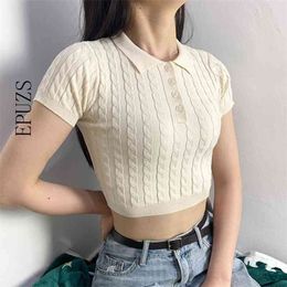 Vintage Textured Knitted Cropped Top Sexy button Short Sleeve Polo Shirts Women Korean tee shirt femme Streetwear 210521