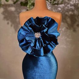 Luxurious Blue Formal Dress Women Gowns 2022 Velvet Strapless Without Sleeves Prom Party Second Reception Wear