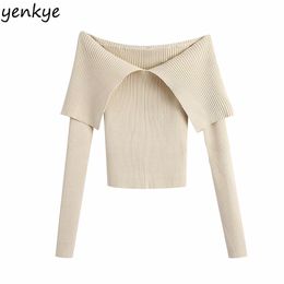 Fashion Women Sexy Exposed Shoulders Fitted Knit Top Long Sleeve Solid Colour Autumn Cropped Pullover Sweater 210514