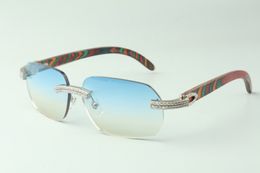 Direct sales double row diamond sunglasses 3524024 with peacock wooden temples designer glasses, size: 18-135 mm