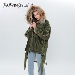 Army Green Cross Bandage Cotton Coat For Women Hooded Collar Long Sleeve Patchwork Fluff Casual Parkas Female 210524