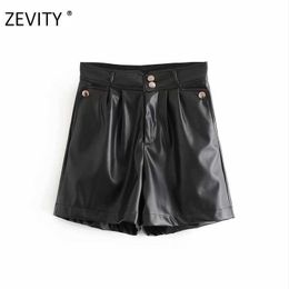 Zevity women fashion buttons PU Leather Shorts ladies pockets chic zipper fly casual slim shorts pantalone cortos P923 210603