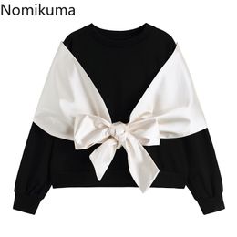 Nomikuma Fake Two Pieces Pullover Sweatshirt Korean Bow Tie Hit Color Patch Hoodies Causal Long Sleeve O-neck Women Jumper 6E033 210427
