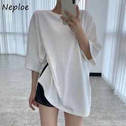 Side Split Design Solid T Shirt Women O Neck Pullover Long Sleeve Tees Summer All Match Loose Ladies Top 210422