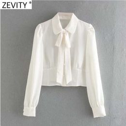 Zevity Women Fashion Bow Decoration Solid Casual Short Blouse Office Ladies Pearl Button Shirt Chic Chemise Tops LS7383 210603