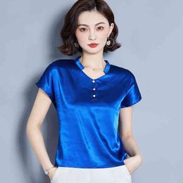 Korean Silk Women Blouse Shirt V Neck Tops Woman Solid Satin s Top Plus Size Blusas Femininas Elegante 210427