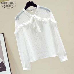 Autumn Fashion See Through Elegant Ruffled Bow Collar Ladies Tops Korean Long Sleeve White Chiffon Blouse Blusas 11149 210508