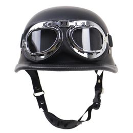 Motorcycle Helmets German Leather Helmet Style BLACK Open Face Half Chopper Biker Pilot234S