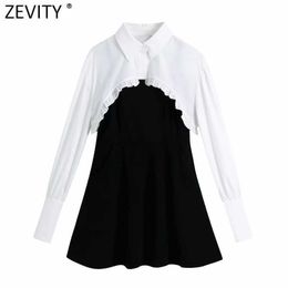 Zevity Women Vintage Black Sling Dress Female Chic White Agaric Lace Ruffles Two Pieces Casual Slim Mini Vestido DS5069 210603