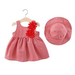 Girl's Dresses 2021 Fashion Plaid Baby Girl Clothes With Hat Set Infant Beach A-Line Bucket For Girls Party Birthday