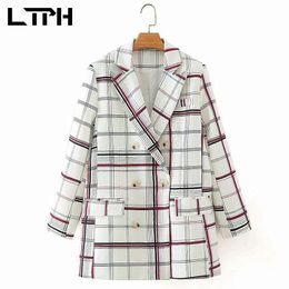 vintage Big Plaid Blazers Double Breasted women blazer coat Fashion Business Casual long sleeve Jackets Autumn 210427