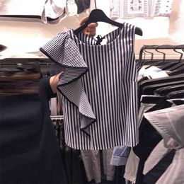 Summer Fashion Women's O Neck Ruffles Sleeveless Stripe Shirt Blouses Women Casual Shirts Tops 210428