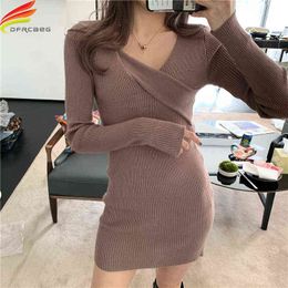 New 2020 Autumn Winter Sweater Dress Women Khaki Beige Or Black Long Sleeve High Waist Knitted Cross Dress Mini Rib Knit Dress G1214