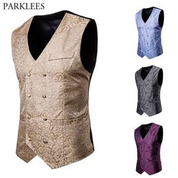 Cashew Jacquard Suit Vest Slim Fit Double Breasted Mens Luxury Vest Prom Wedding Party Waistcoat Performance Clothing Gilet 210524