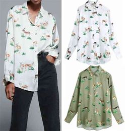 Green Animal Print Satin White Shirt Women Vintage Button Up Oversized Long Sleeve Ladies Loose Casual Tops 210519