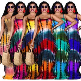 Women Tie-dye Color Dresses Fashion Trend U-Neck Sling High Waist Plus Size Long Skirts Designer Summer Female with Pocket Casual Loose Dress