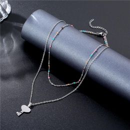 Pendant Necklaces Ins Heart-shaped Key Necklace Stainless Steel Ladies Clavicle Chain Double Love Wholesale