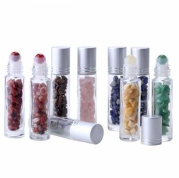 10ml Clear Glass Roll on Perfume Bottles with Crushed Natural Crystal Quartz Stone,Crystal Roller Ball Silver SN5454