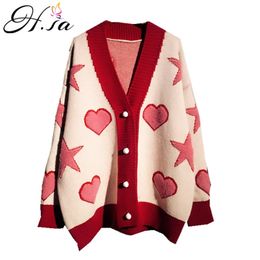 Women Winter Knit Cardigans V neck Pearl Beading Sweet Heart Oversized Jacket Thick Warm Christmas Coat 210430