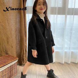 Autumn Winter Unisex Kids Black Woolen Thick Jacket Coat 3-14Y Children Toddler Fall Clothes Outerwear Boys Girls Long Jackets 211204