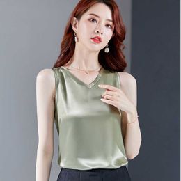 V-Neck Silk Tank Top Women Clothes Summer Sleeveless Ladies Tops Basic Solid Casual Camisole Plus Size Camis Haut Femme 210615