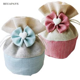 Gift Wrap 12pcs Love Candy Box Baby Shower Wedding Christmas Party Favors Bag Round Bottom Bundle Pocket Drawcord Polyester Bow Deco