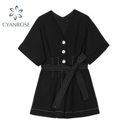 High Waist Bandage Black Shorts Jumpsuits Women Short Sleeve Cardigan Stitched Design Overalls Streetwear Chic Clothes 210515